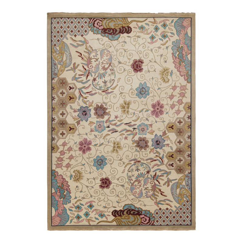 Rug & Kilim’S Chinese Art Deco Style Rug In Beige-Brown With Floral Patterns, Rectangle 9'9" x 14'1"