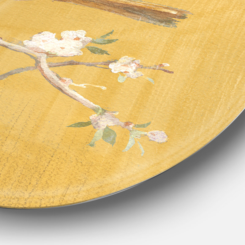 « doré oiseau on fleurs i », reproduction d’art sur cercle métallique, H 23 po x l 23 po