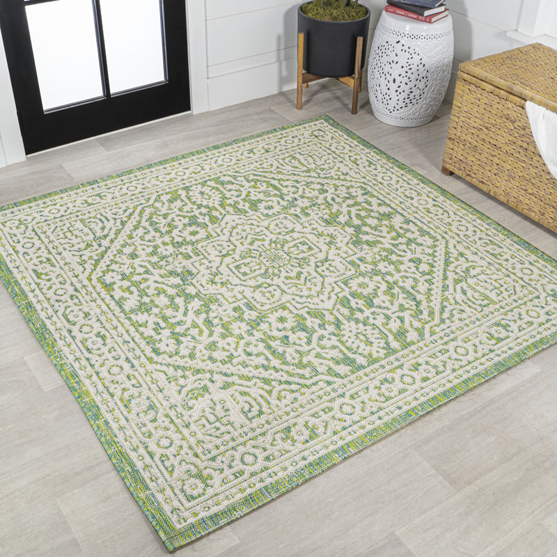 Aaleayah Medallion Textured Weave Cream/Green Indoor/Outdoor Rug, Square 5'3"