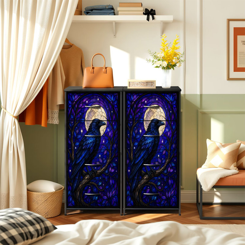 Commode pour chambre à coucher avec 4 tiroirs de rangement Vitrail Raven Branche perchée Fantaisie pleine lune Commode mauve étoilée Commode en acier avec cadre en placard pour vestibule