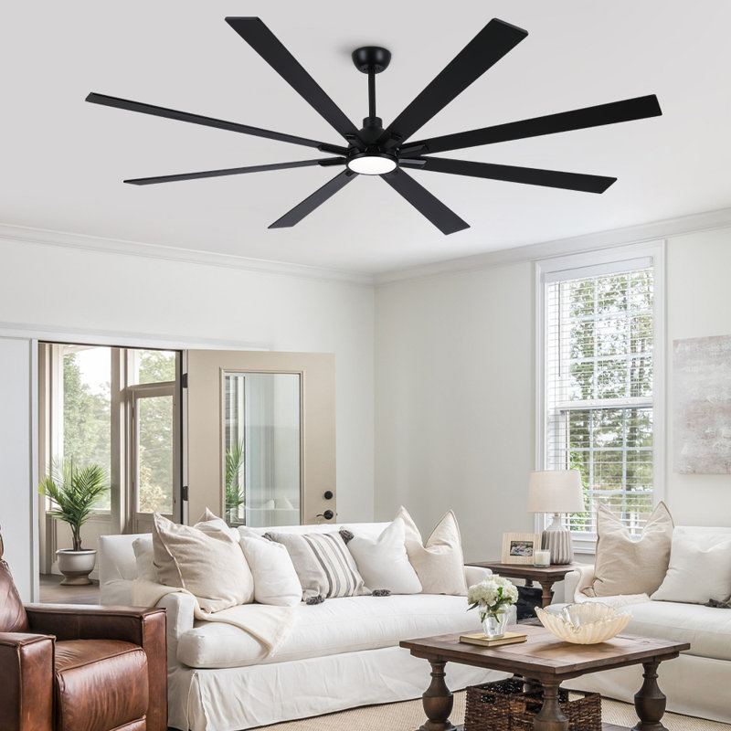 Modern 84" Indoor Windmill Matte Black Ceiling Fan With LED Lights, Remote Control and 8 Wood Blades, Black, 84" Wide