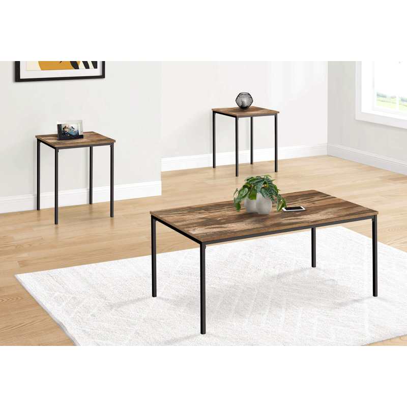 Ensemble de table, ensemble de 3 pièces, café, bout, métal noir, stratifié brun récupéré, contemporain, moderne