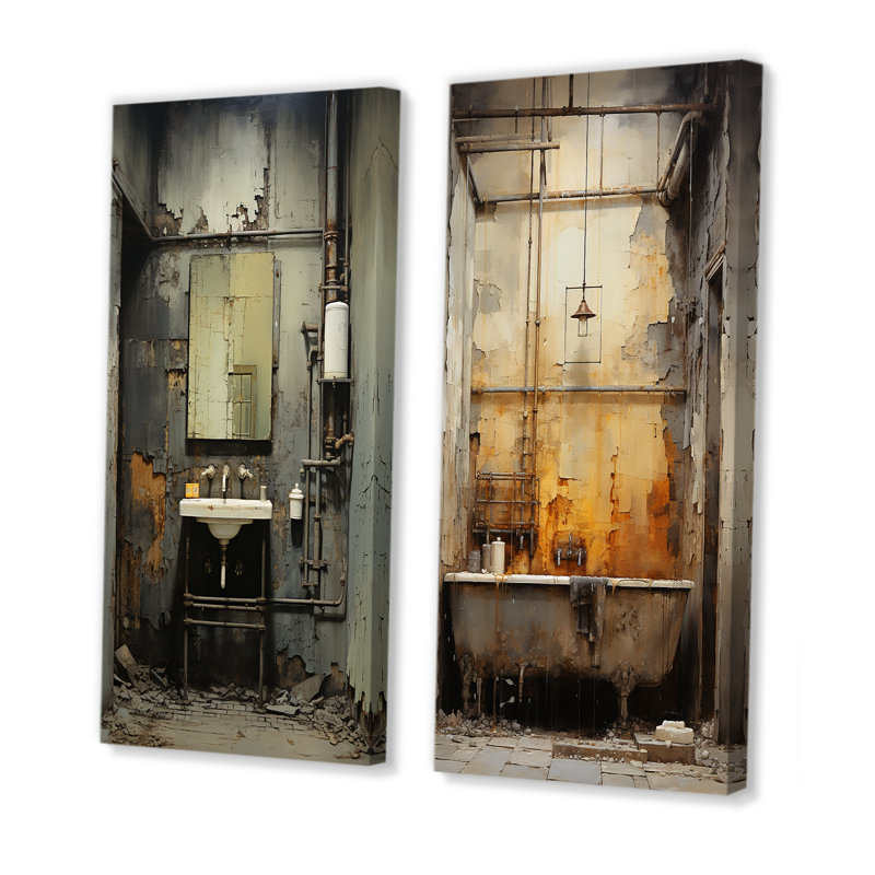 «Gray Industrial Minimalist Bath II» - ensemble de 2 reproductions d'art sur toile, Toile tendue, H 28 po x l 25 po