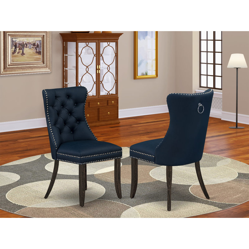 Dallas Parsons Dining Chairs - Button Tufted Nailhead Navy Blue Polyester Fabric Padded Chairs, Set of 2, Distressed Jacobean
