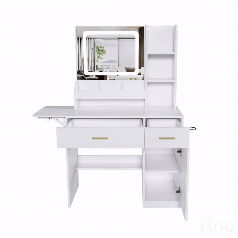 LED-Lit Vanity Desk with Built-In Power & Expandable Top – Storage Stool, Drawers & Adjustable Shelves