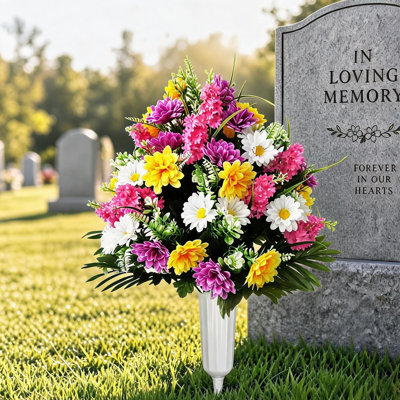 Chrysanthemum Cemetery Flowers for Grave Decorations, Artificial Bouquet with Vase and Ground Spikes, Memorial Grave Flowers for Cemetery Headstones, Outdoor Sympathy Floral Arrangement Multicolor
