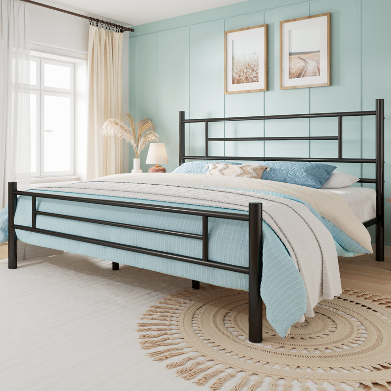 Lit plateforme en métal avec tête et pied de lit de style moderne, sans sommier tapissier, Très grand, Noir