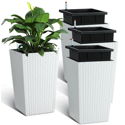 Self-Watering Rattan Planters, Set of 4 – 16" Tall Flower Pots with Water-Level Gauge, Water-Saving Indoor/Outdoor Containers for Home, Office, Patio & Balcony,