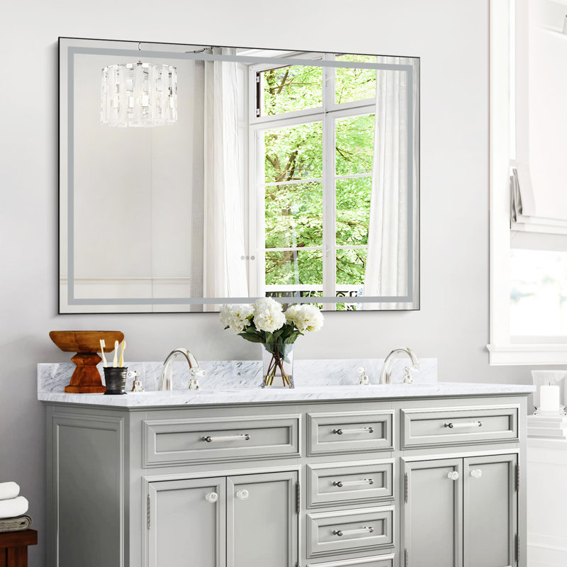 48"X48" Led Mirror Bathroom Vanity Mirror With Back Light,Wall Mount Multifunctional Vanity Mirror,Gun Ash,Aluminium Frame