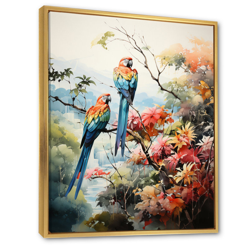 Deux perroquets sur une branche II - reproduction sur toile, Cadre flottant doré, H 40 po x l 30 po x P 1,5 po
