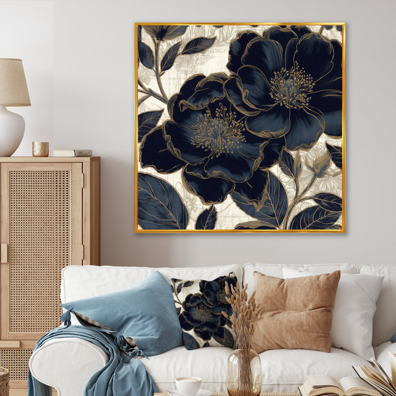 Blue Gold Peony Celebration II, reproduction d'art sur toile, H 36 po x l 36 po x P 1,5 po, Cadre flottant doré