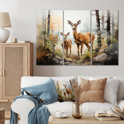 " Deers Whispering Woods II " 3 Piece Art Mixed Media Print