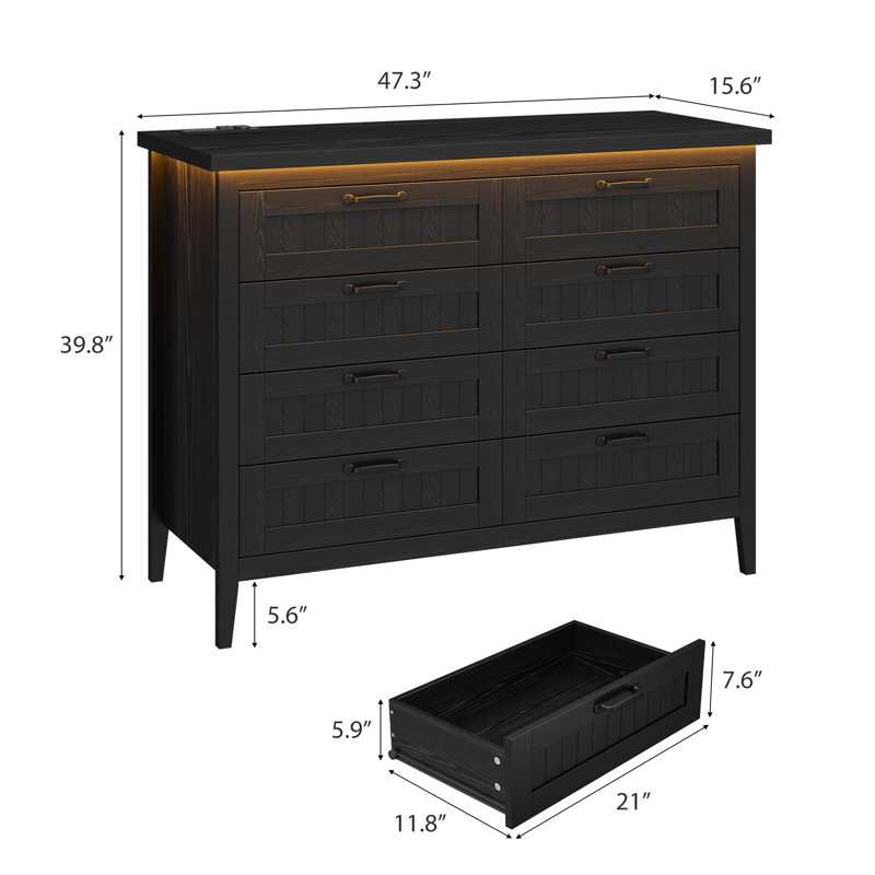 Farmhouse Drawer Dresser with Charging Station & LED Lights, Slim Wooden Bedroom Dresser, Black/8 draws