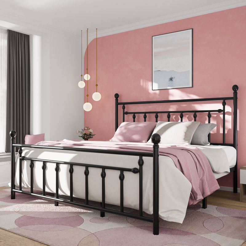 Edsall Metal Platform Bed with Slatted Headboard and Footboard, Black, King
