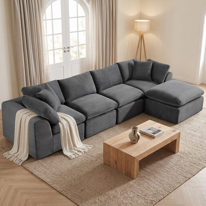 140" Boneless L-Shaped Modular Sectional Sofa with Ottoman, 4 Seat Corduroy Cloud Couch for Living Room, No Assembly Required