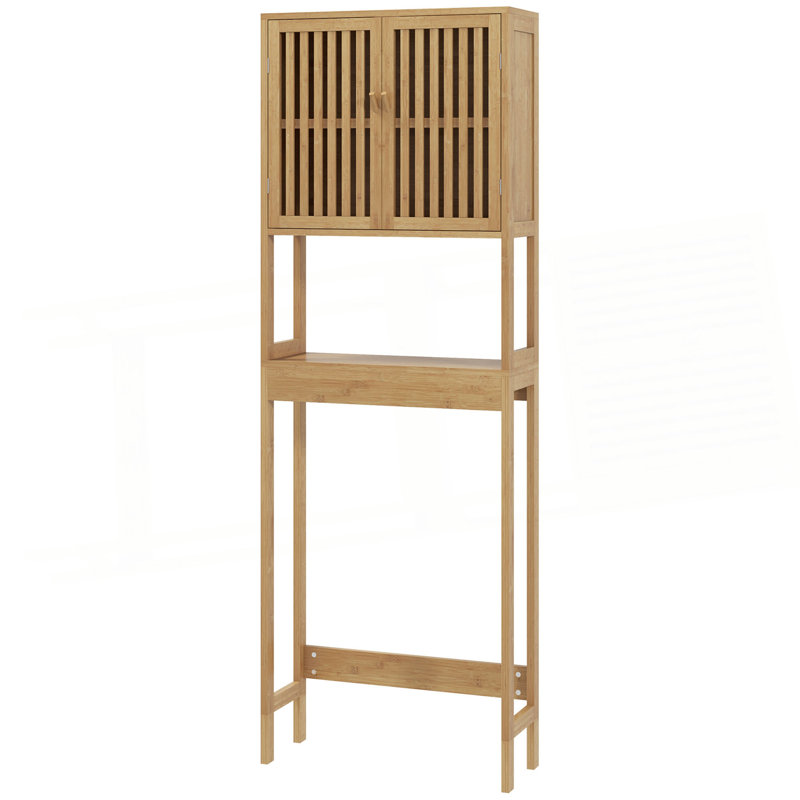 Bamboo Over The Toilet Storage Cabinet, Over Toilet Bathroom Organizer With Slatted Doors, Adjustable Shelf And Open Shelf, Natural