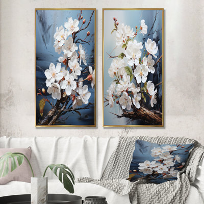 Minimalism White And Blue Cherry Blossom - Cherry Blossom Wall Art Living Room Set Of 2