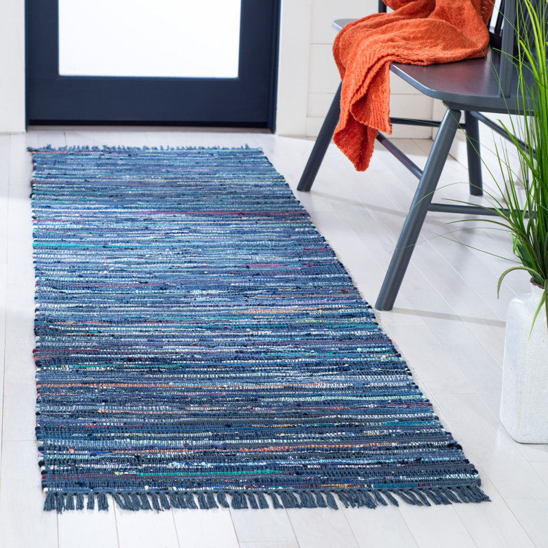 Tapis bleu abstrait en coton tissé à plat Feliciano, Tapis de couloir 2 pi 3 po x 7 pi