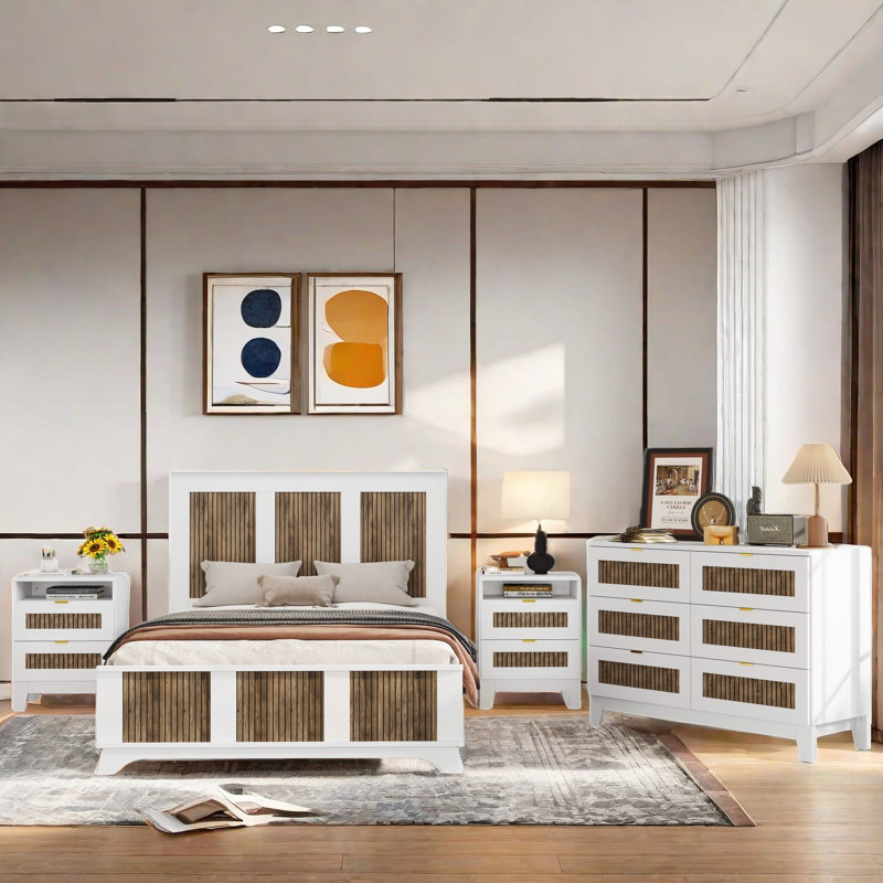 Ensemble de chambre à coucher 4 pièces Darryel: lit plateforme, 2 tables de chevet, 1 commode et décoration en bois, Blanc