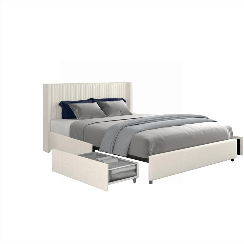 Grand lit plateforme avec rangement à 2 tiroirs en lin et velours beige à oreilles