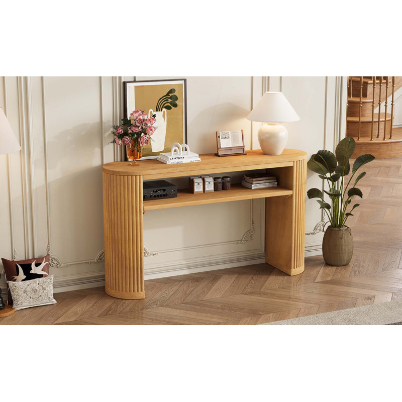 Console avec pieds cannelés, table d'appoint de couloir ovale rétro avec plateau en placage de frêne et finition vernie, tablette ouverte