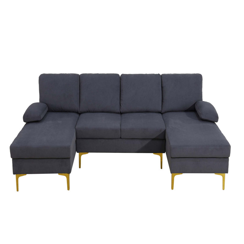Canapé d'angle en forme de U avec double méridienne et structure en bois massif, Velours noir