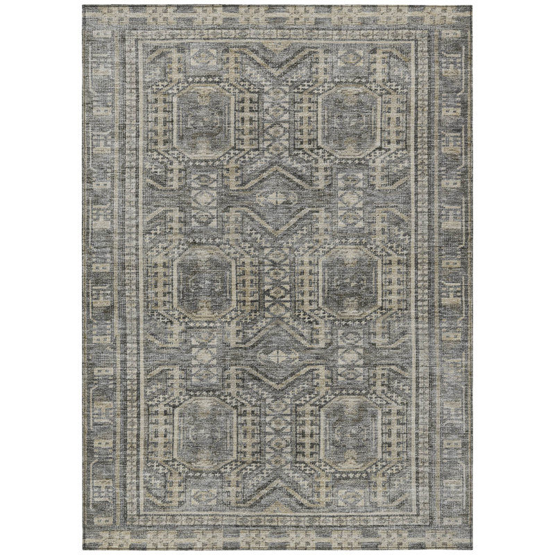 Machine Washable Indoor/Outdoor Xhevrie Pewter Rug, Rectangle 3' x 5'