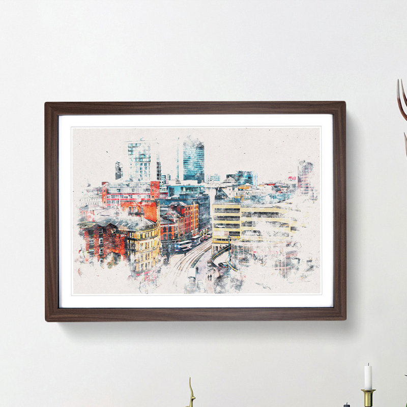 The Manchester Skyline - Picture Frame Painting Print, 24cm H x 33cm W x 2cm D, Walnut Framed
