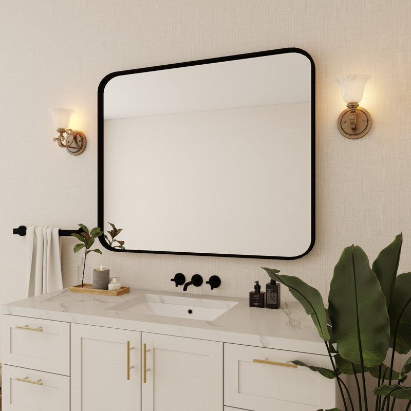 Élégant miroir encadré en aluminium avec coin arrondi pour une décoration intérieure élégante, Noir mat, Rectangulaire