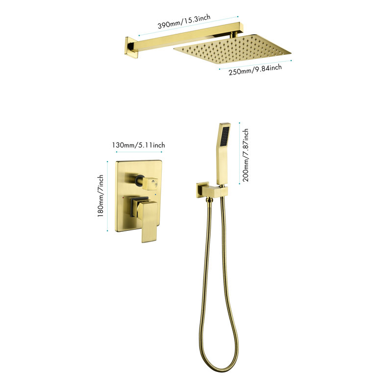 Pomme de douche à effet de pluie 10 po avec système de salle de bain à main, robinet mural double haut en or brossé et garniture de valve,