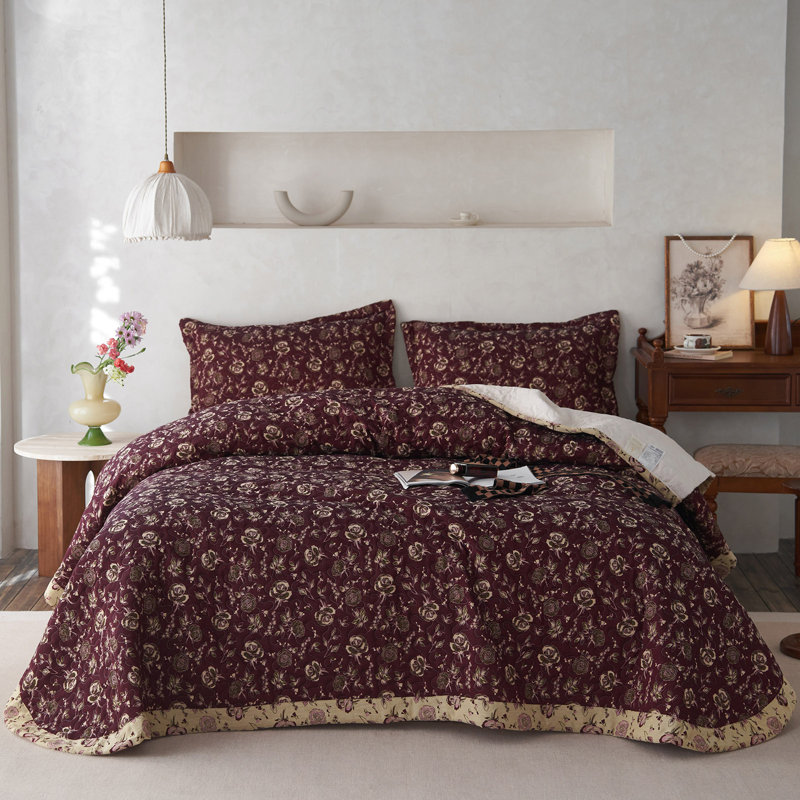 Vintage 3-Piece Cotton Double-Layer Paisley Quilt Set, Queen Quilt + 2 Standard Shams, Red