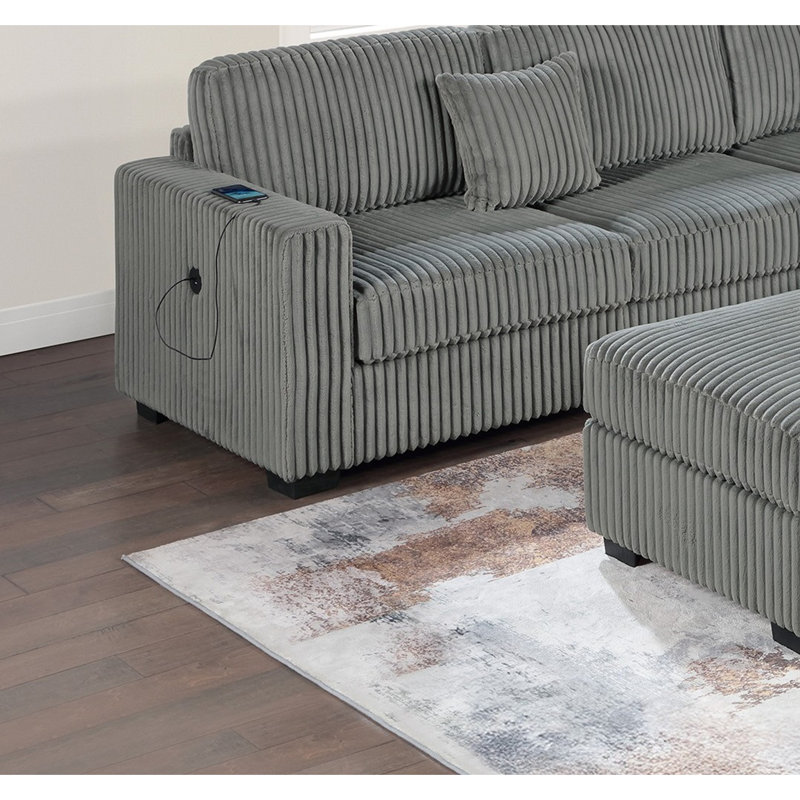 Living Room Corduroy Upholstered 4Pc Sectional Set RAF/LAF One-Arm Loveseat W/USB, Corner Wedge, Cocktail Ottoman Cushion Couch