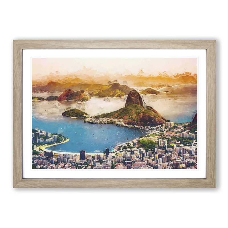 Skyline of Rio De Janeiro in Brazil in Abstract - Picture Frame Graphic Art Print, 27cm H x 36cm W x 2cm D, Oak Framed