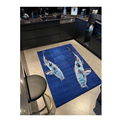 Tapis tissé bleu cobalt à motif décoratif lavable à la machine