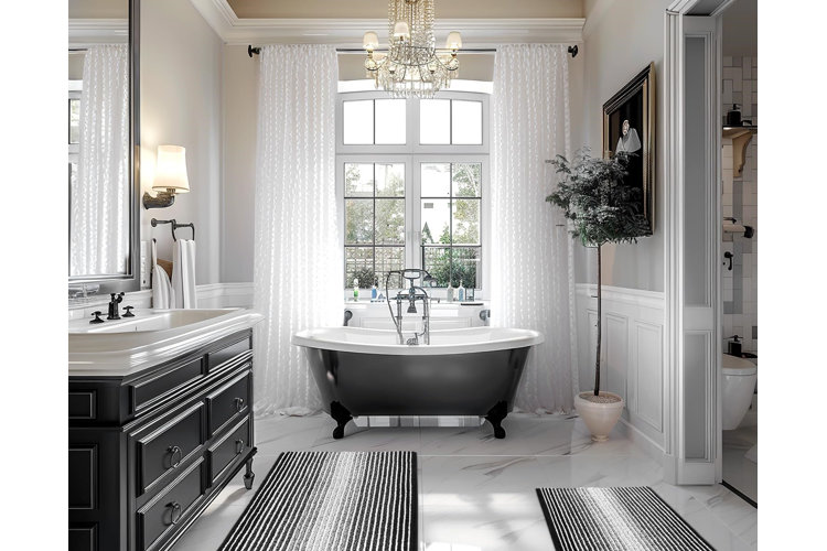 black and white monochromatic bathroom with black freestanding tub, black vanity, and gray walls