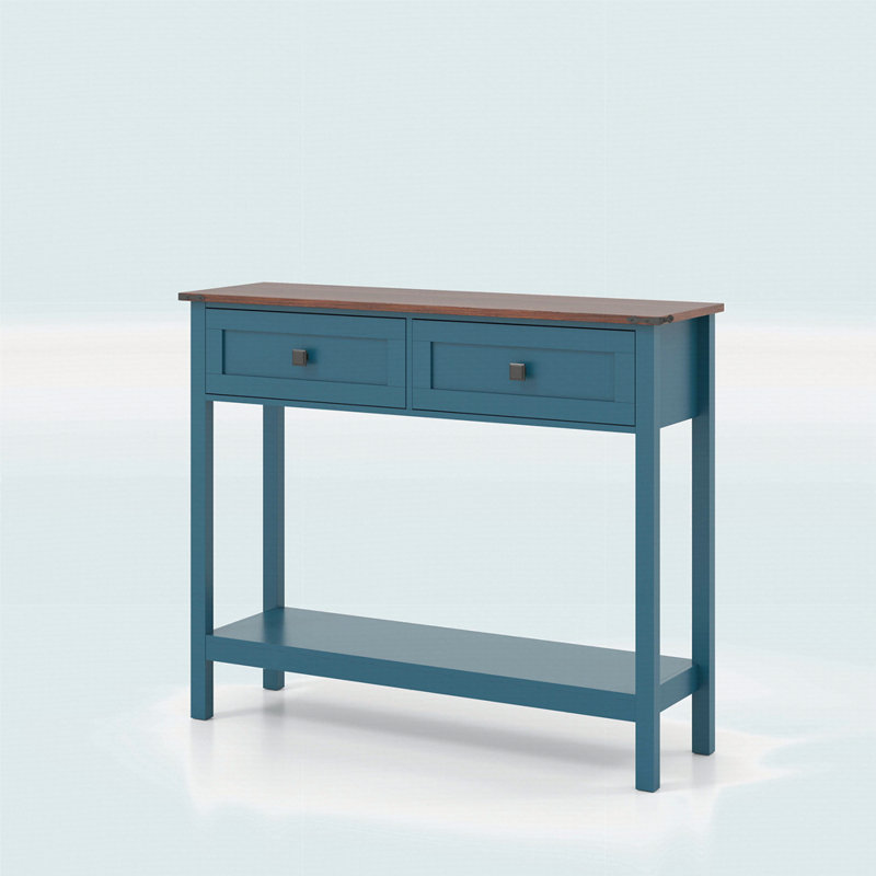 Farmhouse Style Console Table With 2 Drawer And Bottom Storage Shelf, Blue