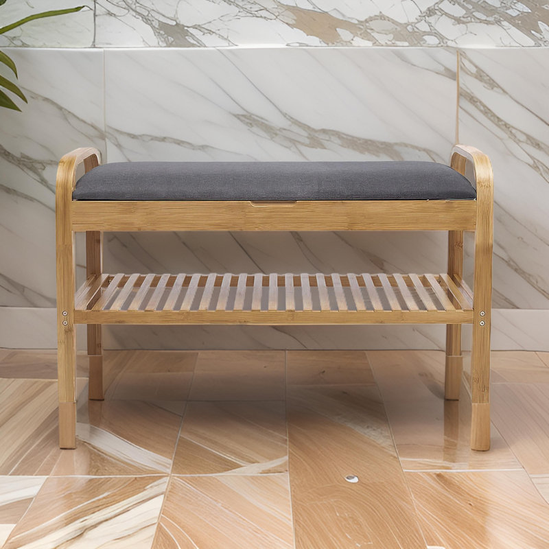 Banc de rangement pour chaussures Mindy, siège en polyester gris, bambou brun noyer, 36 pouces