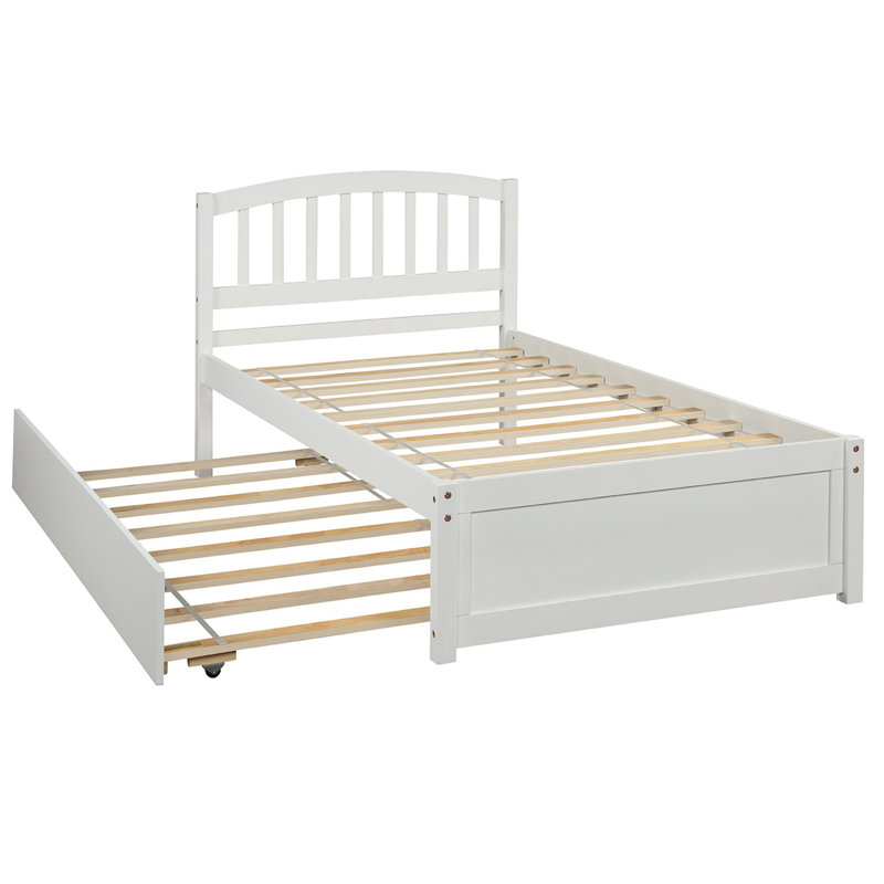Lit plateforme simple en bois avec lit gigogne, structure de lit en bois robuste, blanc peu encombrant, Blanc