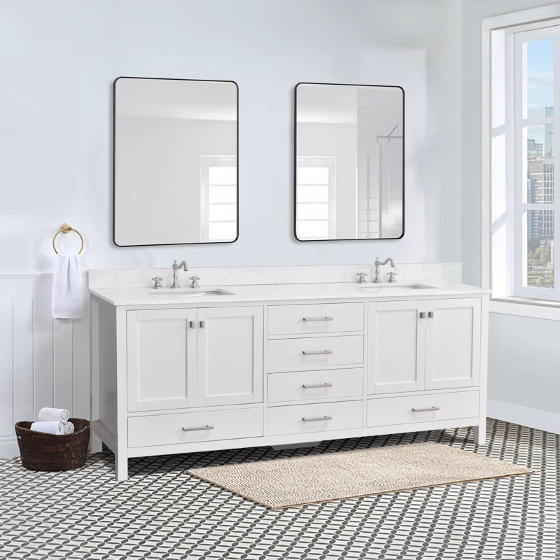 Render 84'' Double Bathroom Vanity With Engineered Stone Top, White