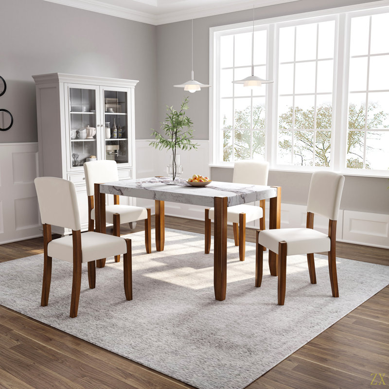 Ensemble de mobilier de salle à manger moderne 5 pièces, coin repas pour 4 personnes pour la cuisine, table de style et 4 chaises rembourrées avec pieds en bois d'hévéa massif