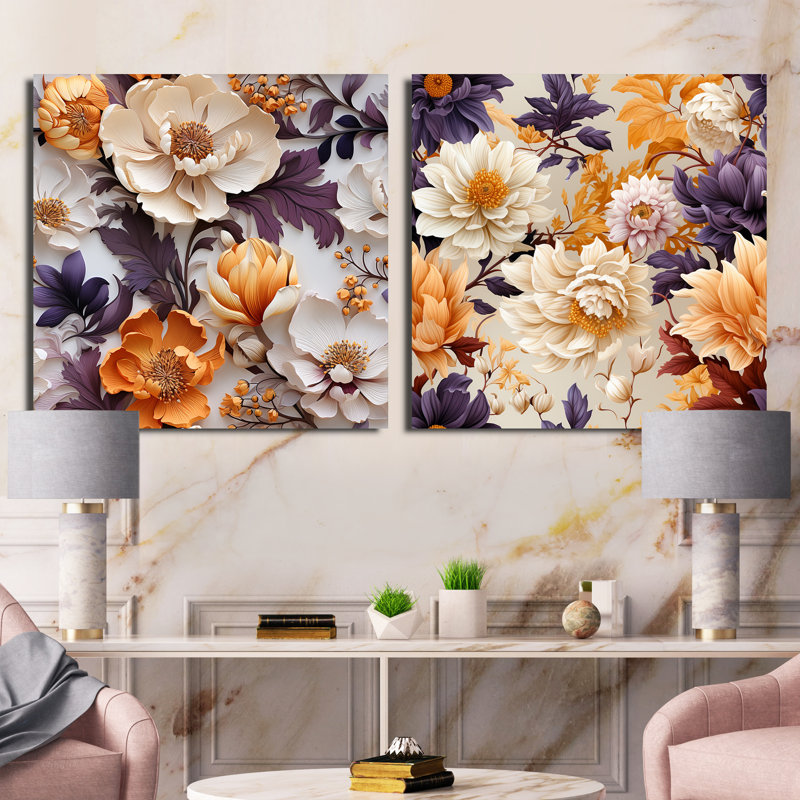 Janes - Ensemble de 2 collages carrés floraux, Toile tendue, H 16 po x l 33 po