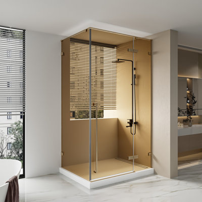Drew 45.6"–46" x 79" Reversible Brushed Gold Pivot Shower Door with Brown Tinted Glass & 30.2"–30.5" Side Panel