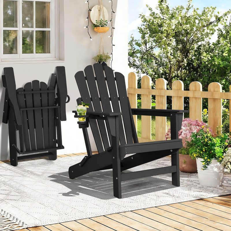 Foldable HDPE Outdoor Adirondack Chair With Cup Holder, Black, 1