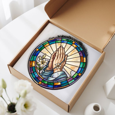 Praying Hands Stained Glass Window Panel，7.8H