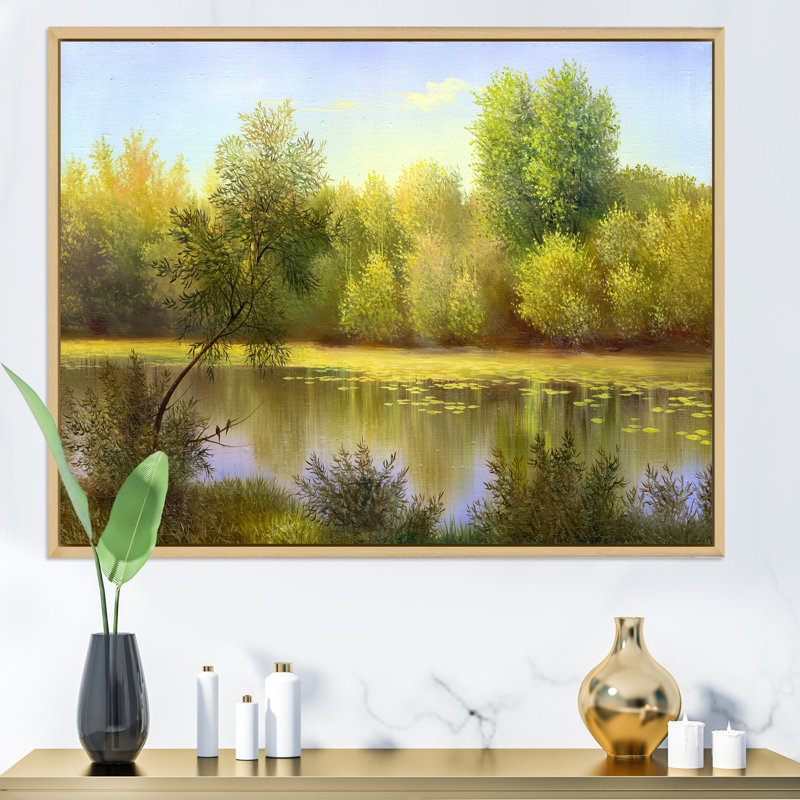 «Beautiful Summer River Green Landscape II», reproduction sur toile, Cadre flottant en érable, H 34 po x l 44 po x P 1,5 po