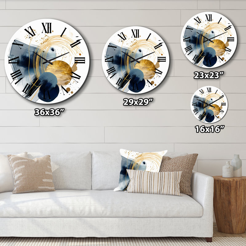 Horloge murale paysage en métal bleu foncé et or III, Très grand