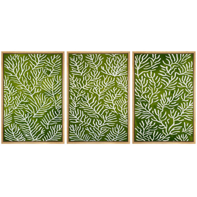 Green Coral Branch Pattern Botanical Artwork, Tropical Nature Decorative Pictures, Framed Canvas Giclee Print 3 Pieces Wall Art