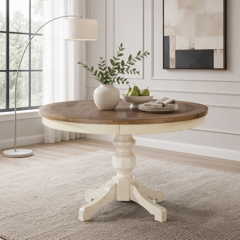 Table de salle à manger ronde à deux tons avec pieds sculptés, Antique White+Natural Wood