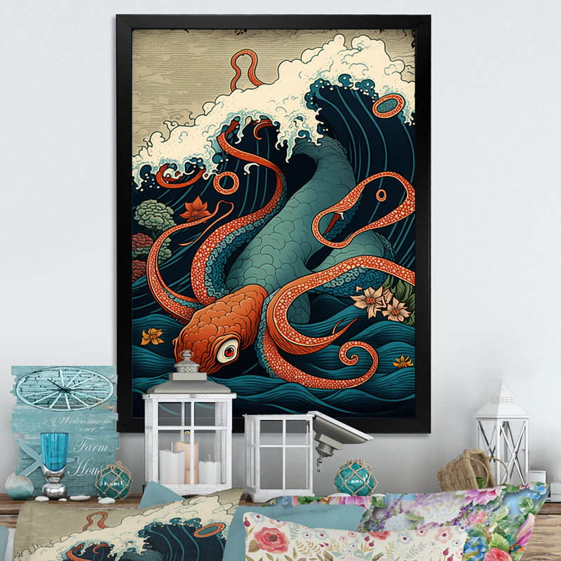 Paysage japonais avec pieuvre II - photographie sur toile, H 20 po x l 12 po x P 1 po, Impression noire sur toile encadrée