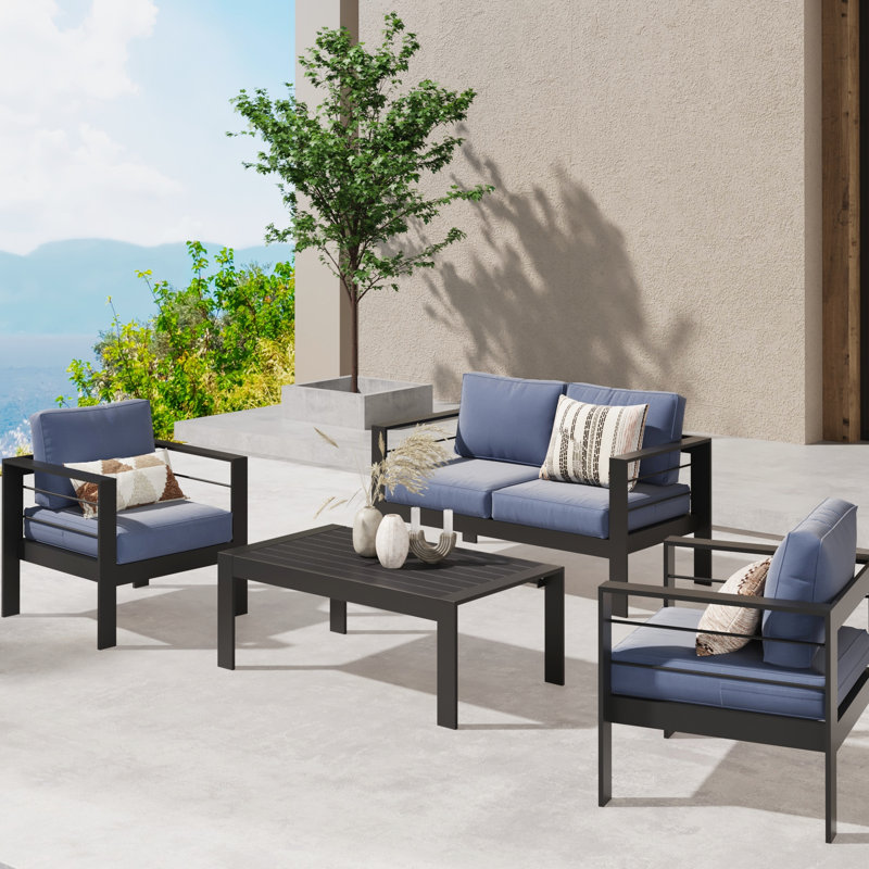 Patio bleu toutes saisons Danton avec coussin épais de 5 po et structure en aluminium robuste